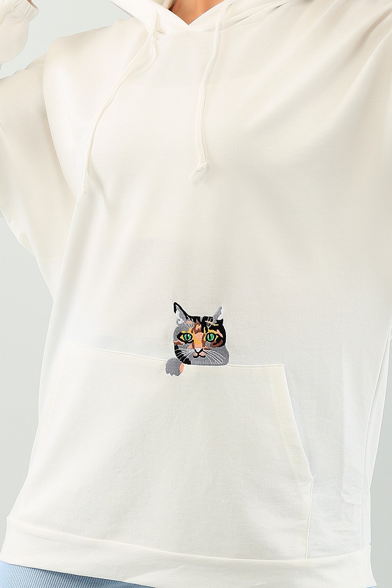 Beyaz Kedi Nakışlı Sweat Tunik 74643