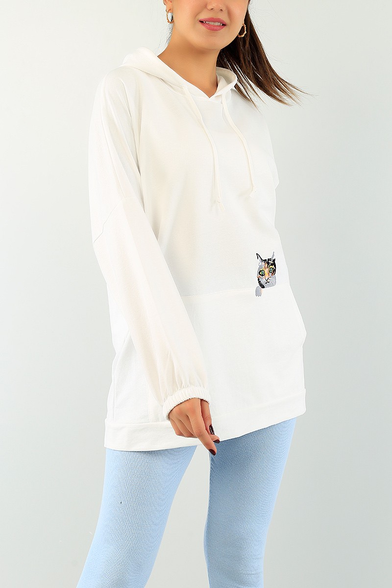 Beyaz Kedi Nakışlı Sweat Tunik 74643