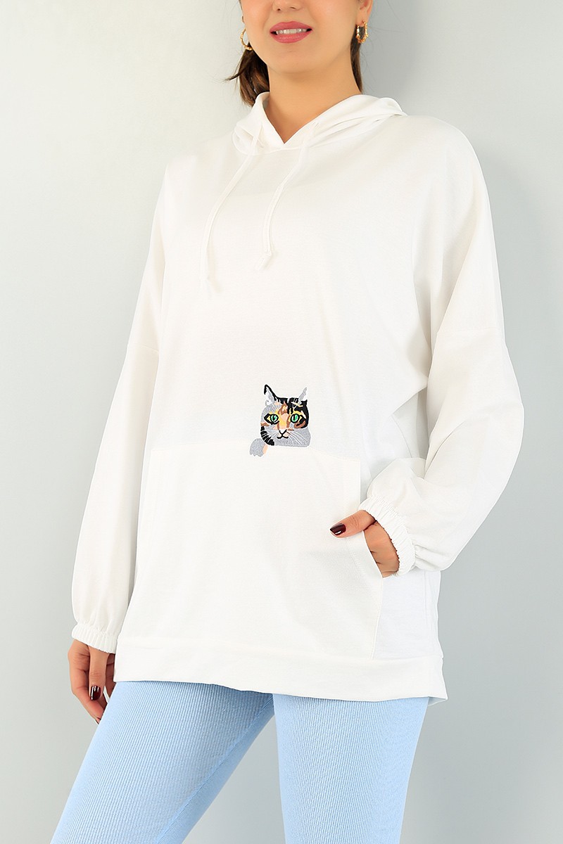 Beyaz Kedi Nakışlı Sweat Tunik 74643