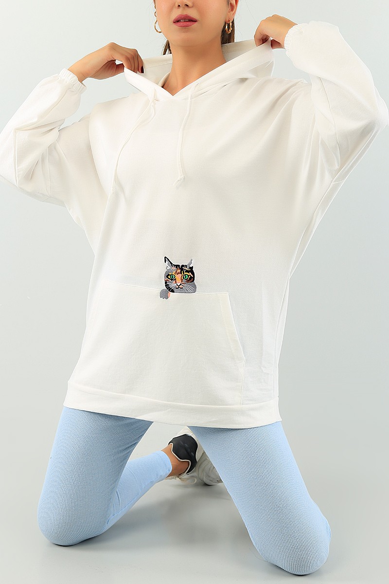 Beyaz Kedi Nakışlı Sweat Tunik 74643