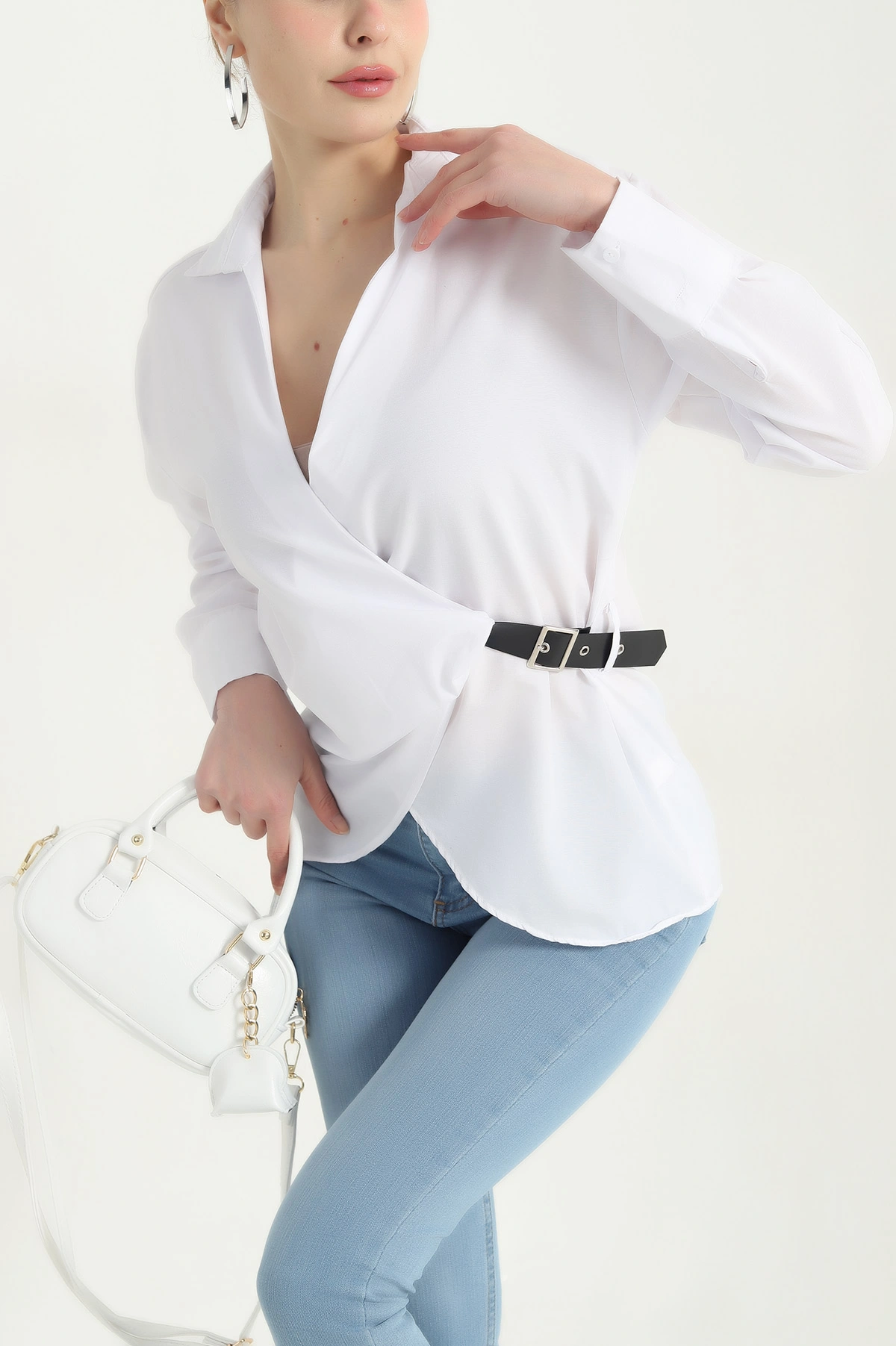 Beyaz Kendinden Kemerli Poplin Bluz 342852