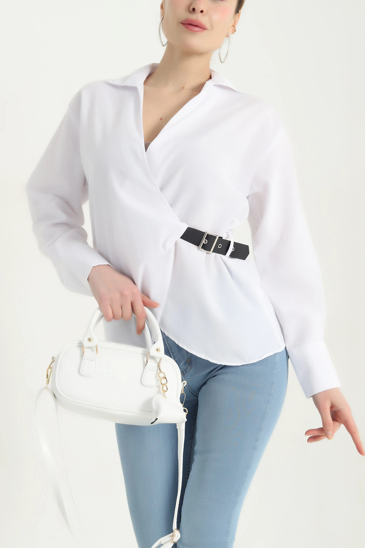 Beyaz Kendinden Kemerli Poplin Bluz 342852