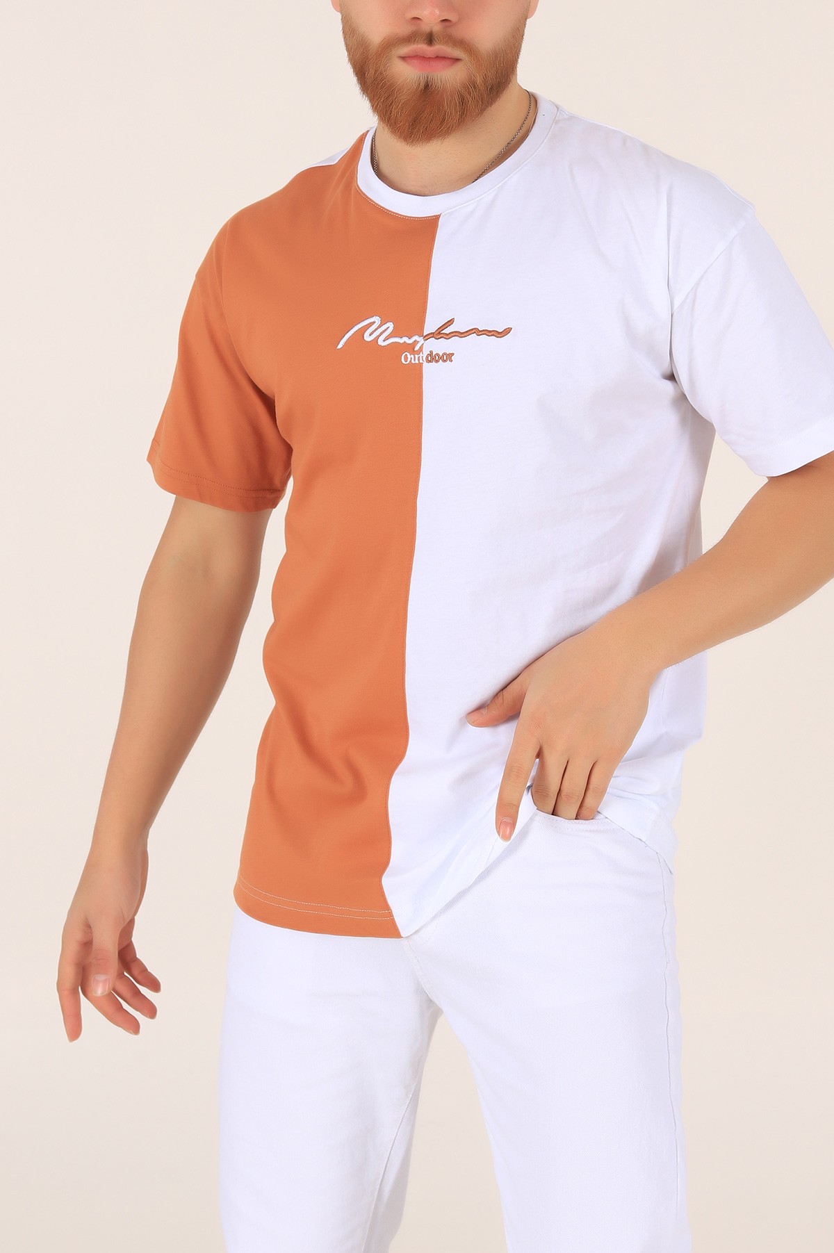 Beyaz Kiremit Oversize Nakışlı  Erkek Tişört 169660