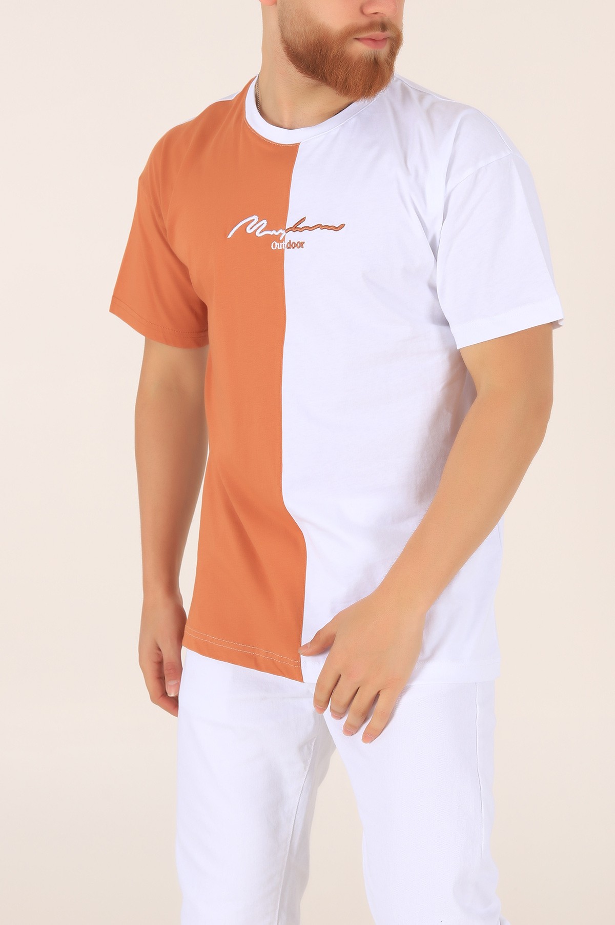 Beyaz Kiremit Oversize Nakışlı  Erkek Tişört 169660