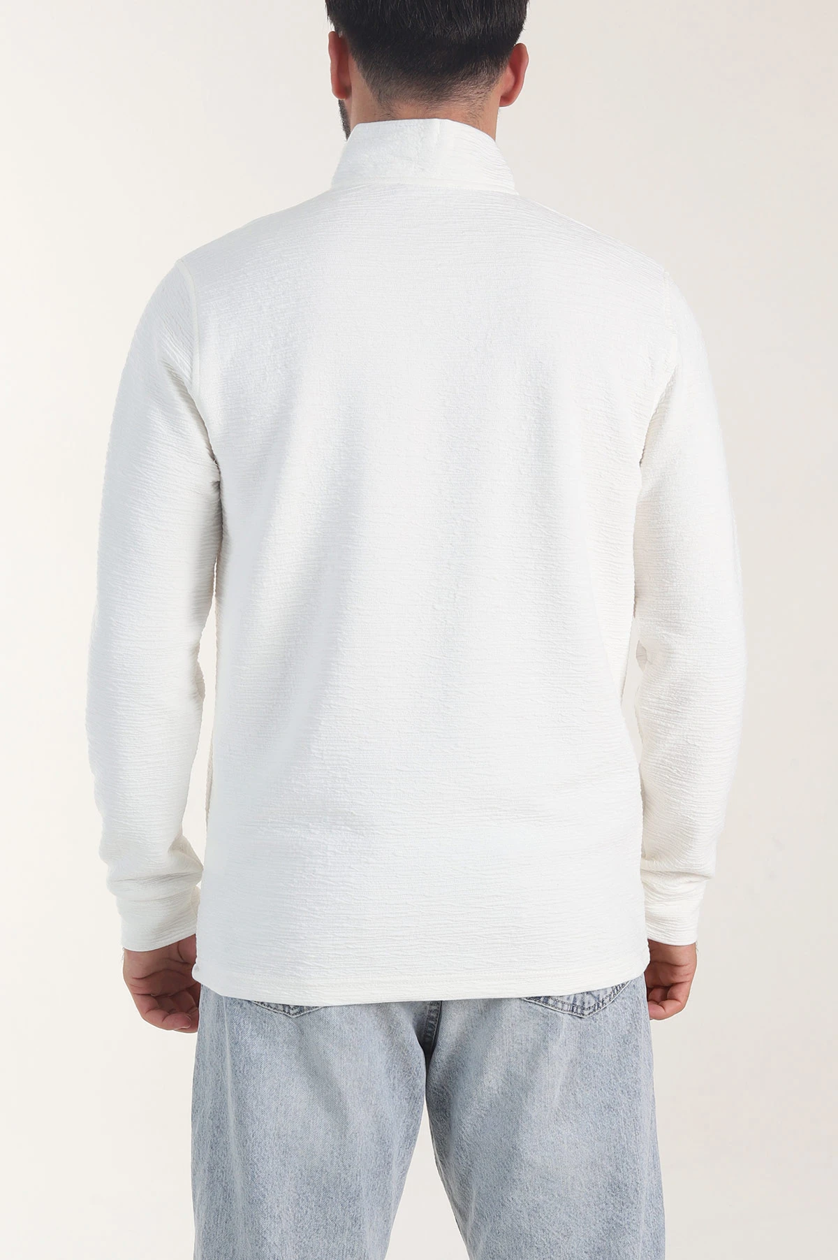 Beyaz Kırınkıl Kumaş Yarım Fermuarlı Erkek Sweatshirt 406827