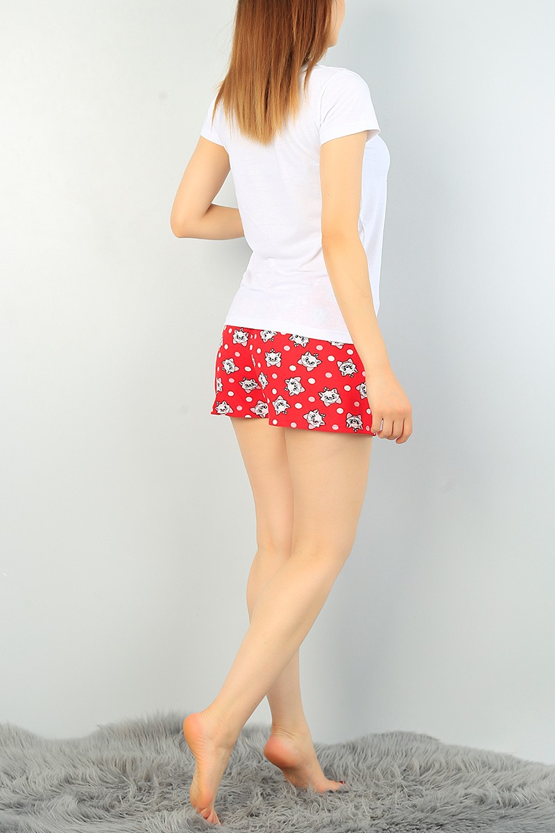 Beyaz Kırmızı Baskılı Bayan Pijama Takımı 68271