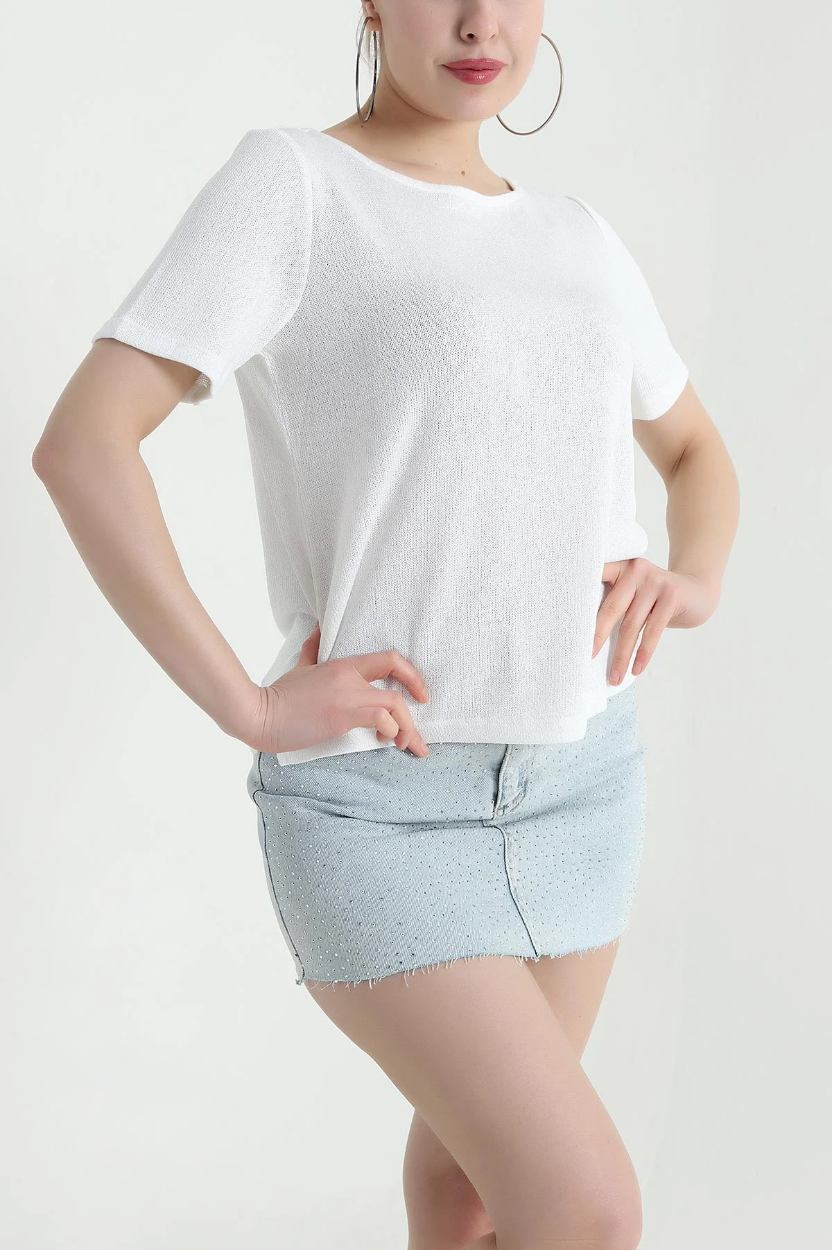 Beyaz Kısa Kol Kadın Triko Bluz 438436