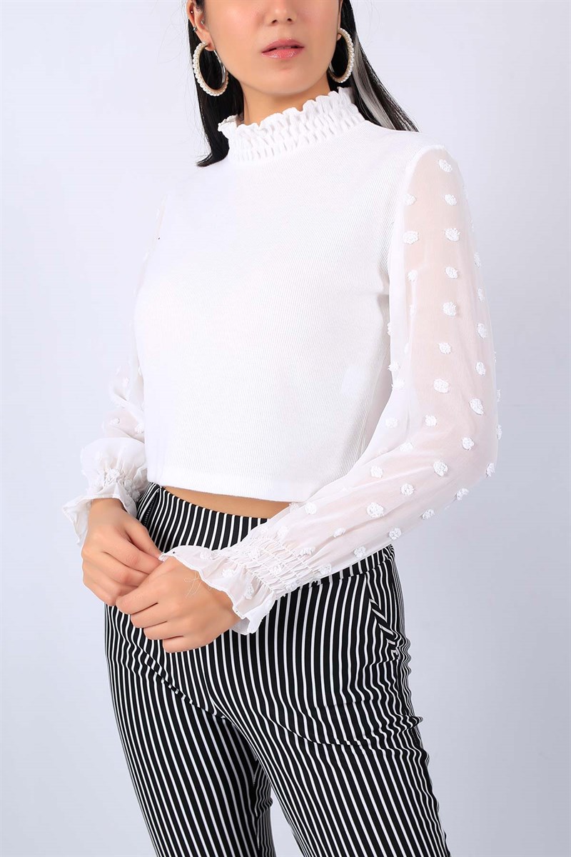 Beyaz Kol Detay Triko Bluz 22528B