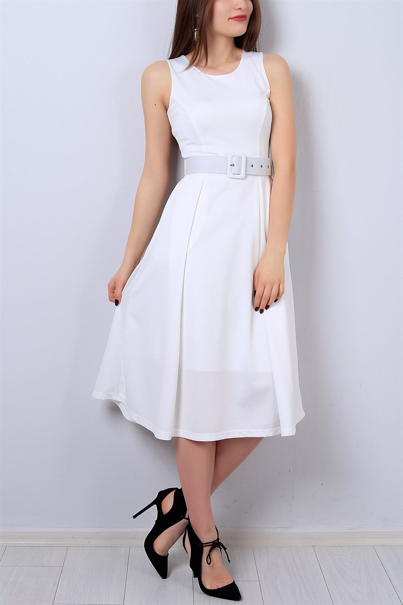 Beyaz Kolsuz Bayan Kemerli Elbise 13394B