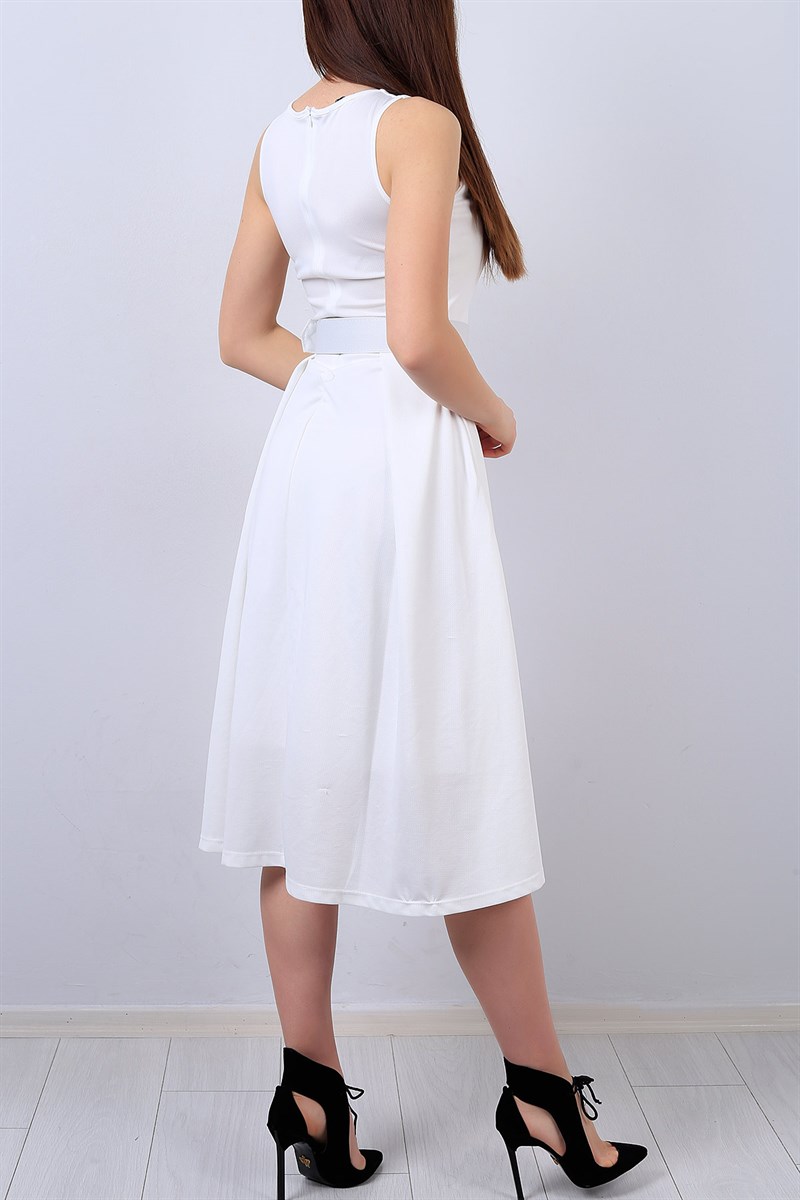 Beyaz Kolsuz Bayan Kemerli Elbise 13394B