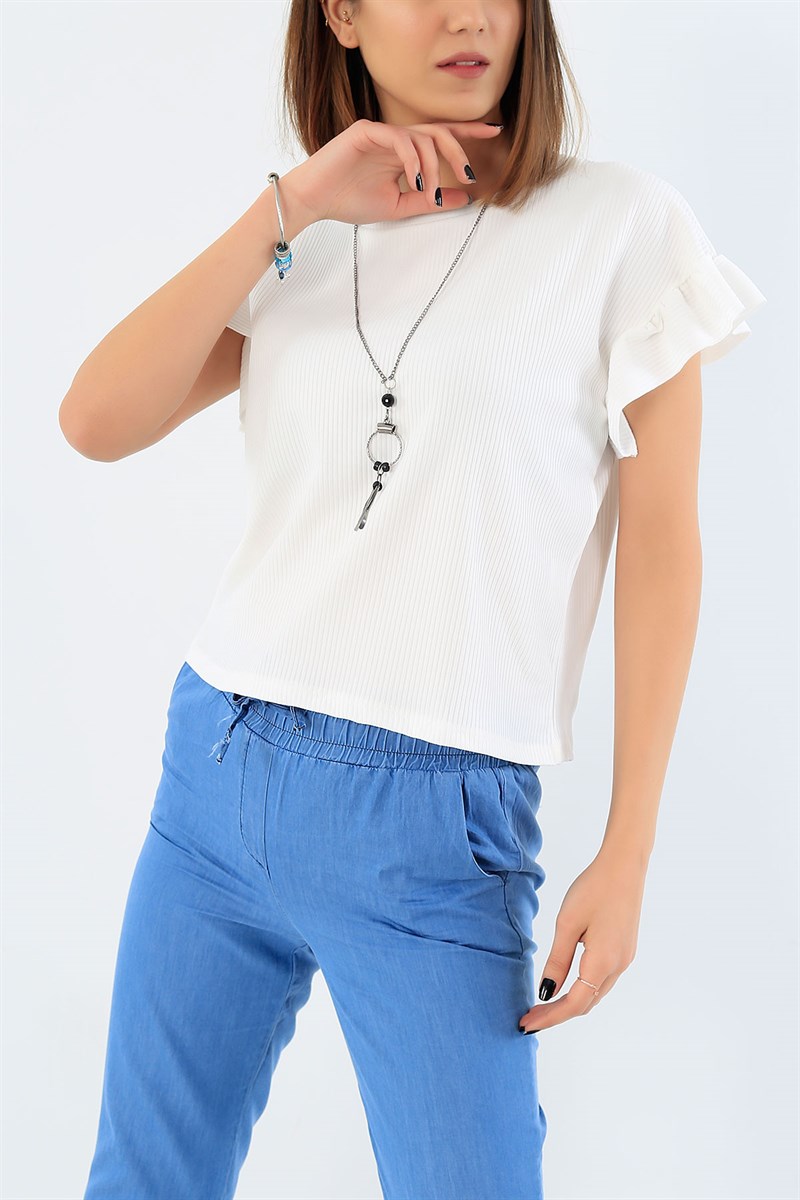 Beyaz Kolu Fırfırlı Kaşkorse Bluz 30095B