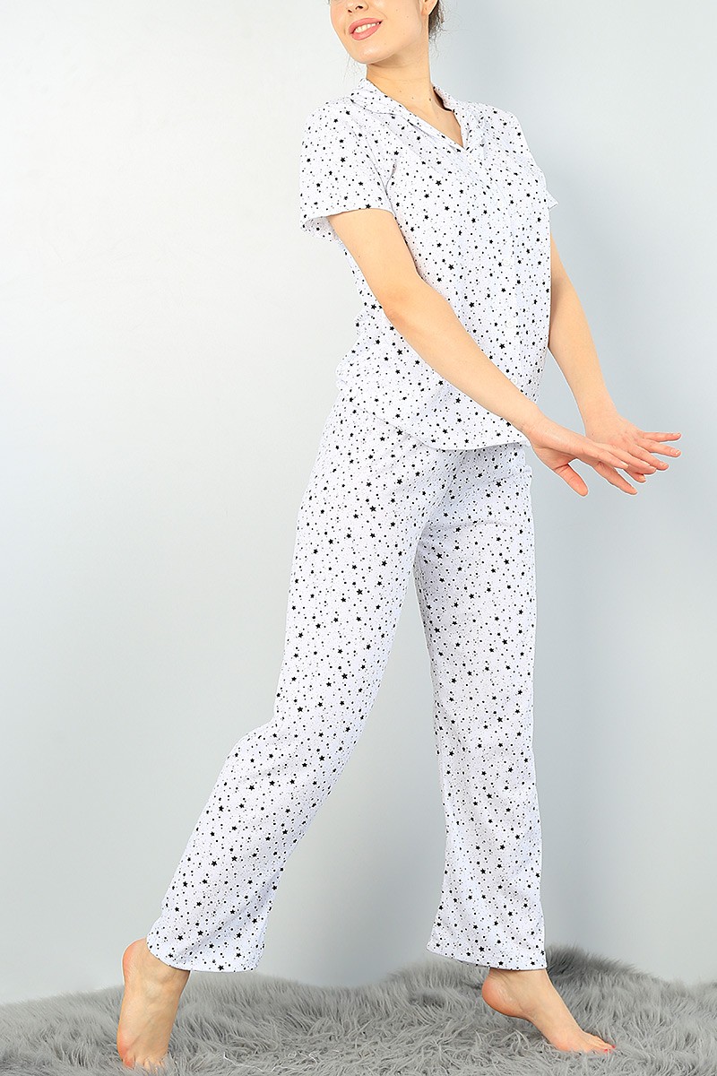 Beyaz Komple Baskılı Bayan Pijama Takımı 62955