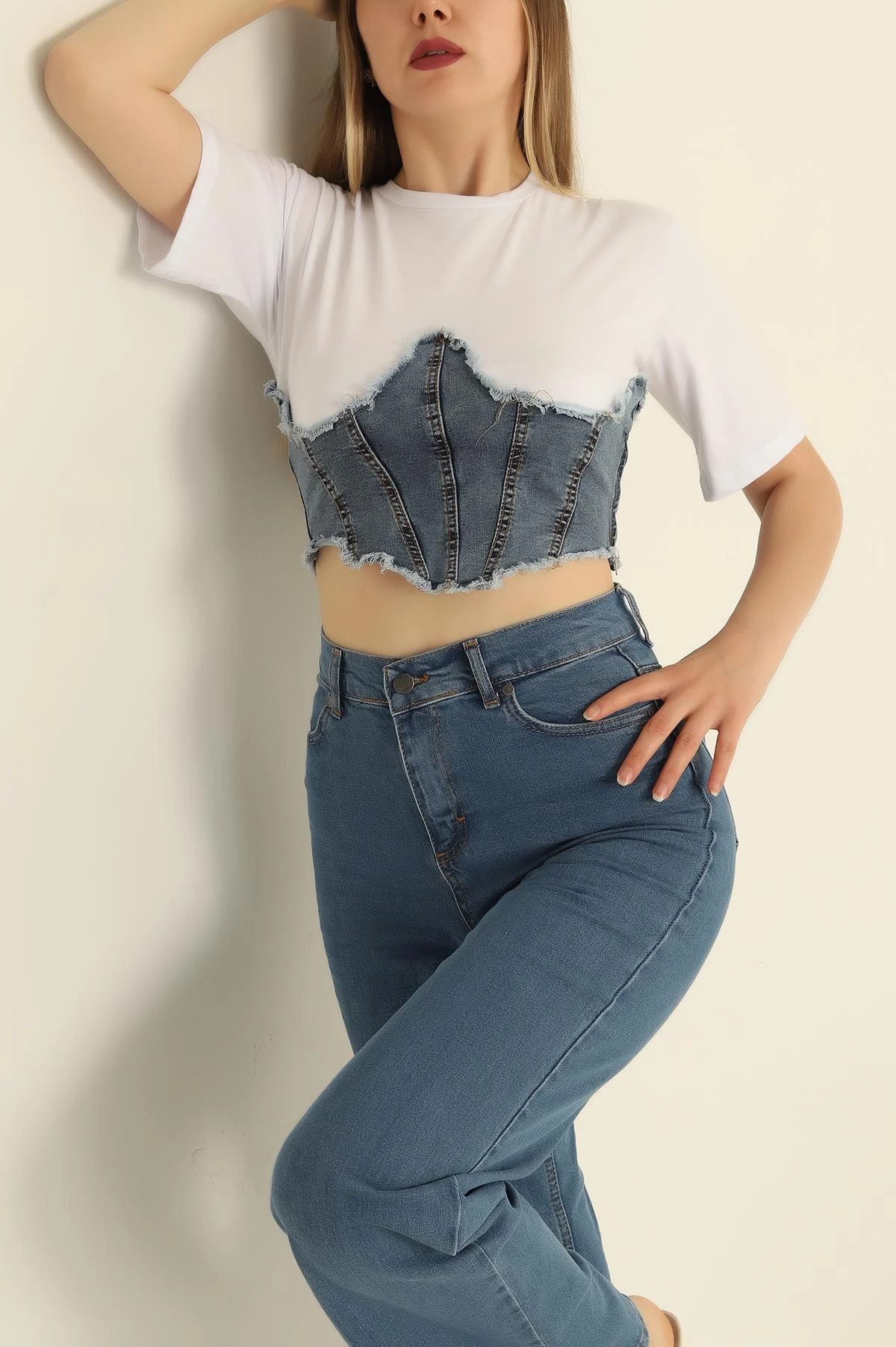 Beyaz Kot Garnili Likralı Bluz 278676