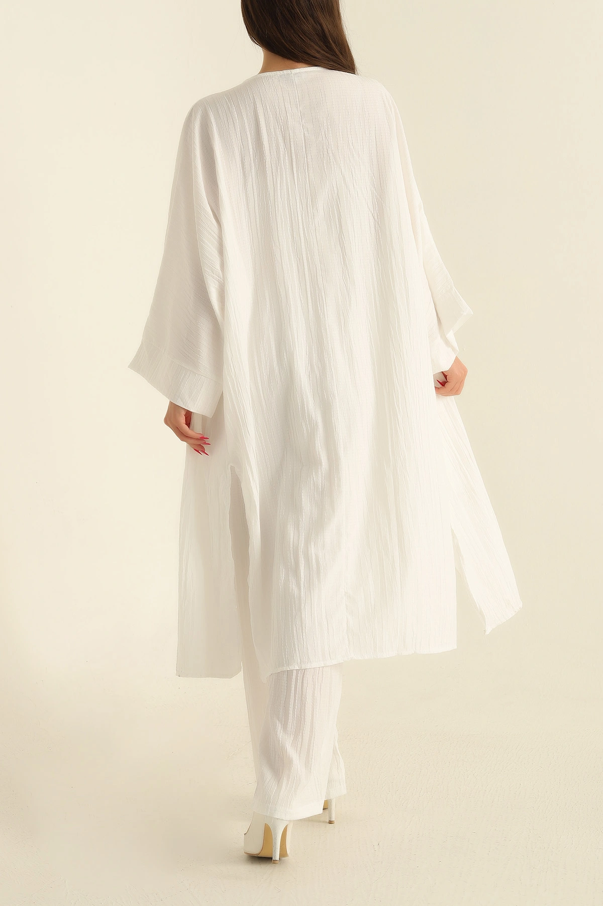 Beyaz Krinkıl Kimono Pantolon İkili Takım 278675