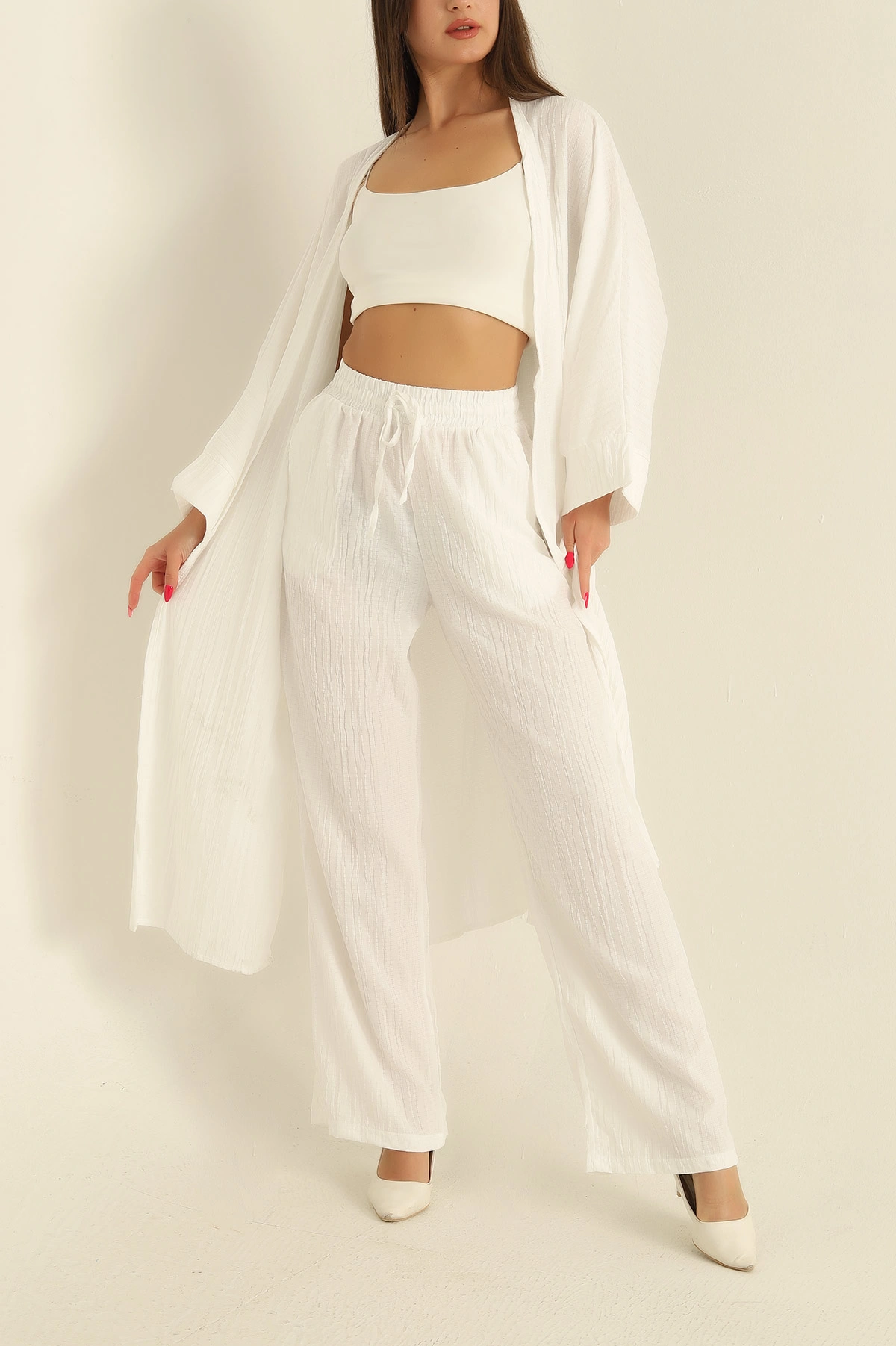 Beyaz Krinkıl Kimono Pantolon İkili Takım 278675