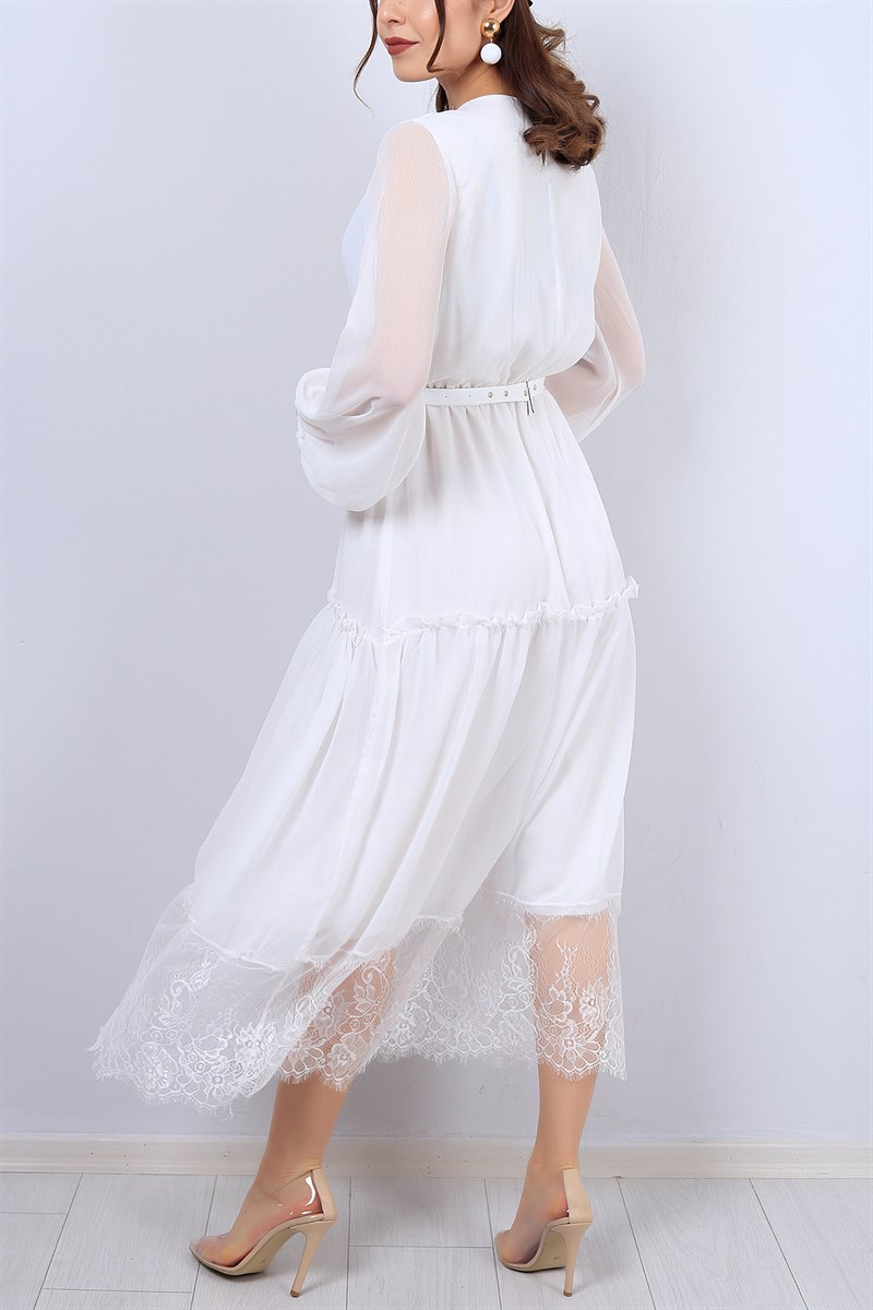 Beyaz Kruvaze Yaka Bayan Kemerli Elbise 12417B