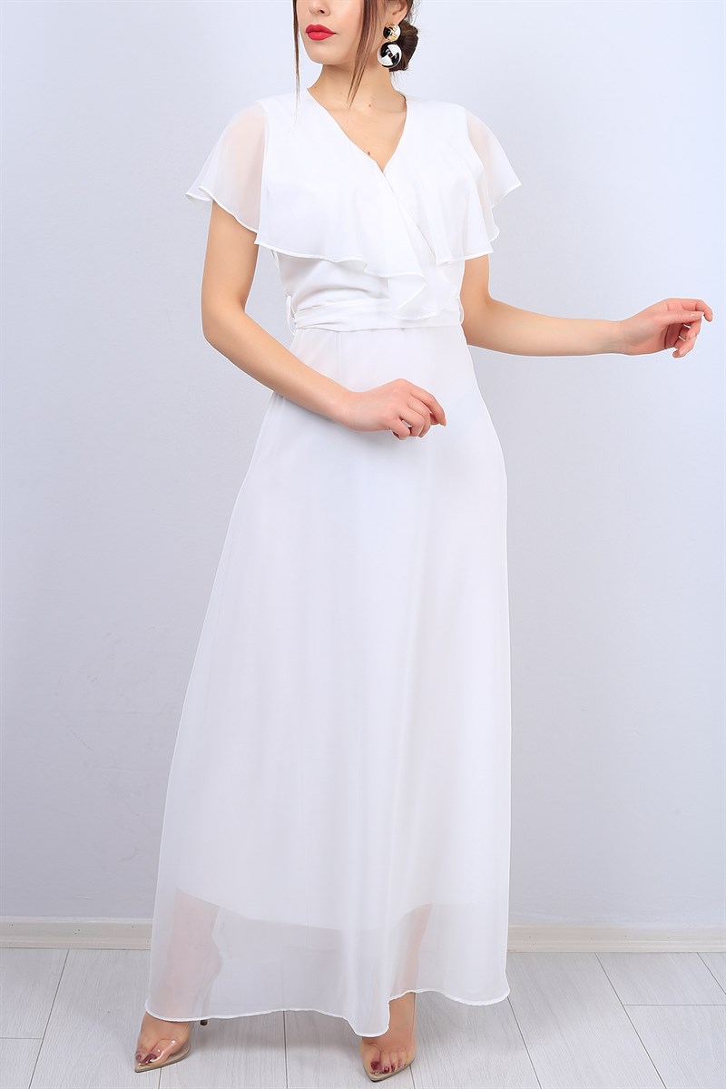 Beyaz Kruvaze Yaka Bayan Şifon Elbise 12714B