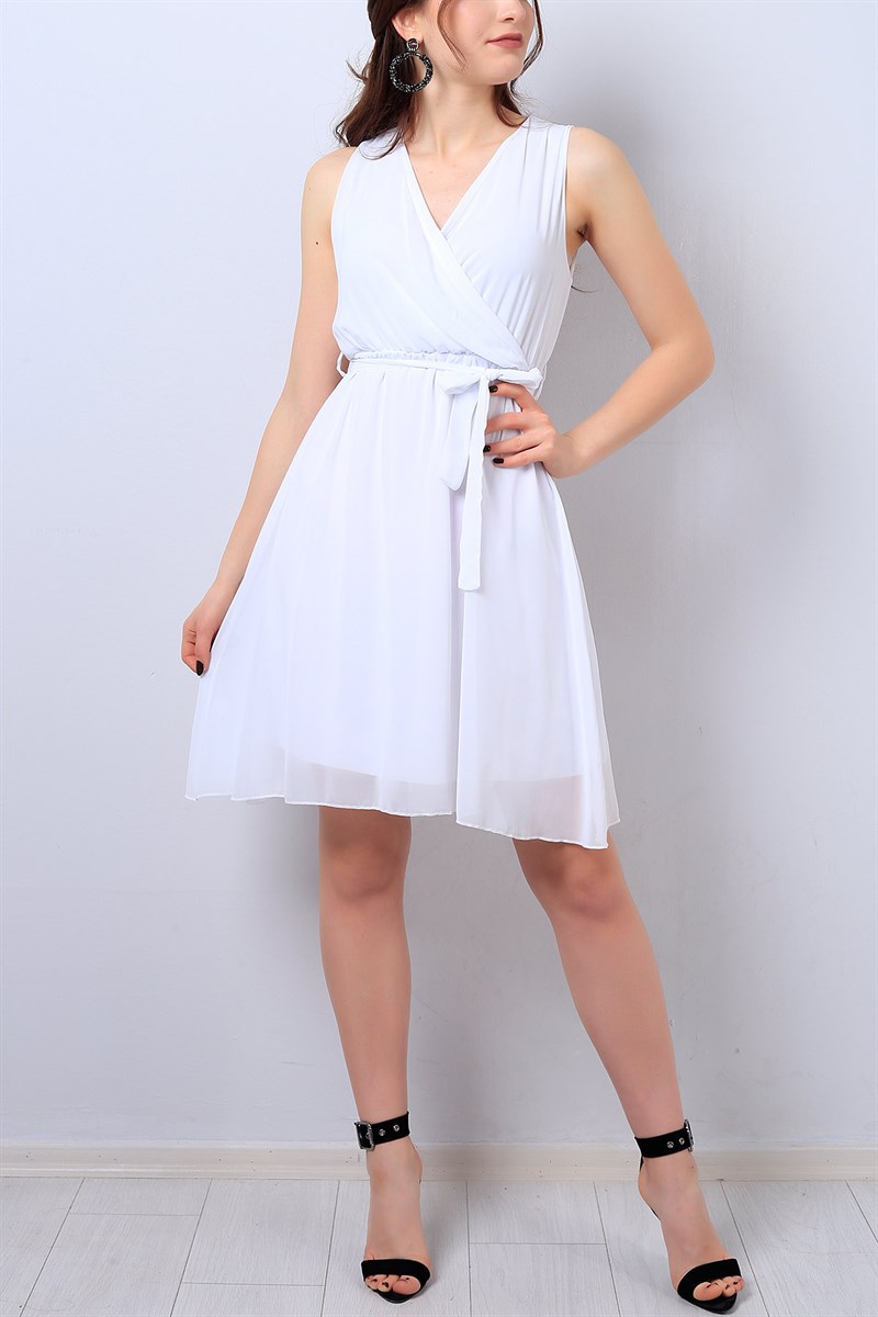Beyaz Kruvaze Yaka Kemerli Şifon Elbise 14096B