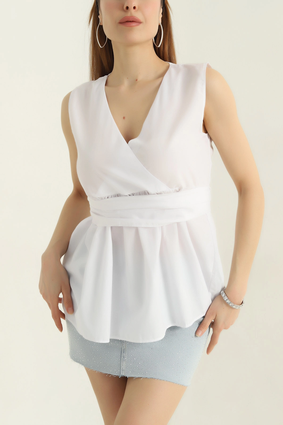 Beyaz Kruvaze Yaka Poplin Bluz 360869