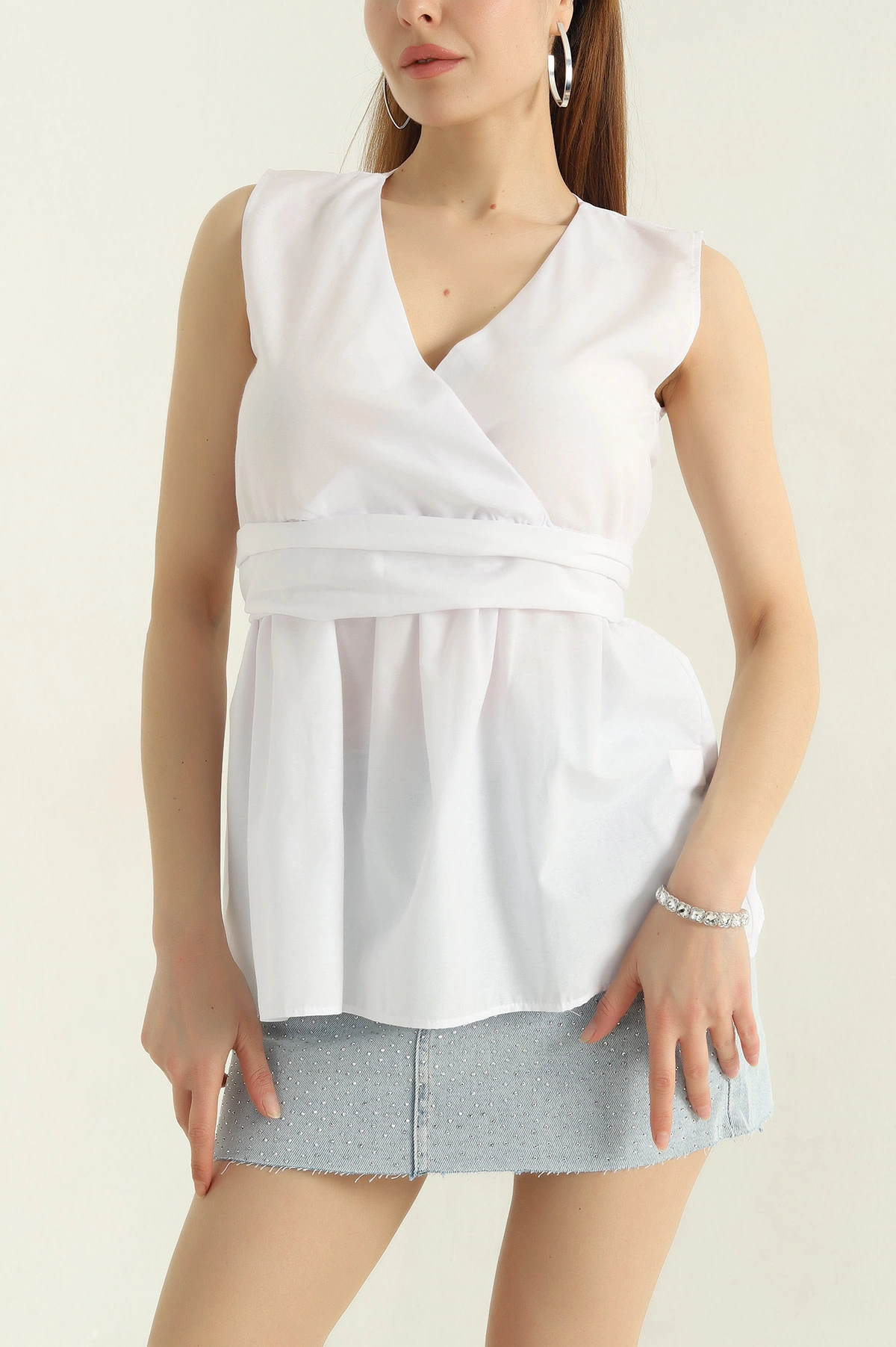 Beyaz Kruvaze Yaka Poplin Bluz 360869