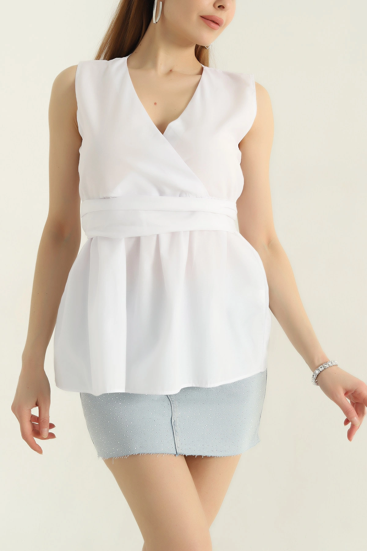 Beyaz Kruvaze Yaka Poplin Bluz 360869