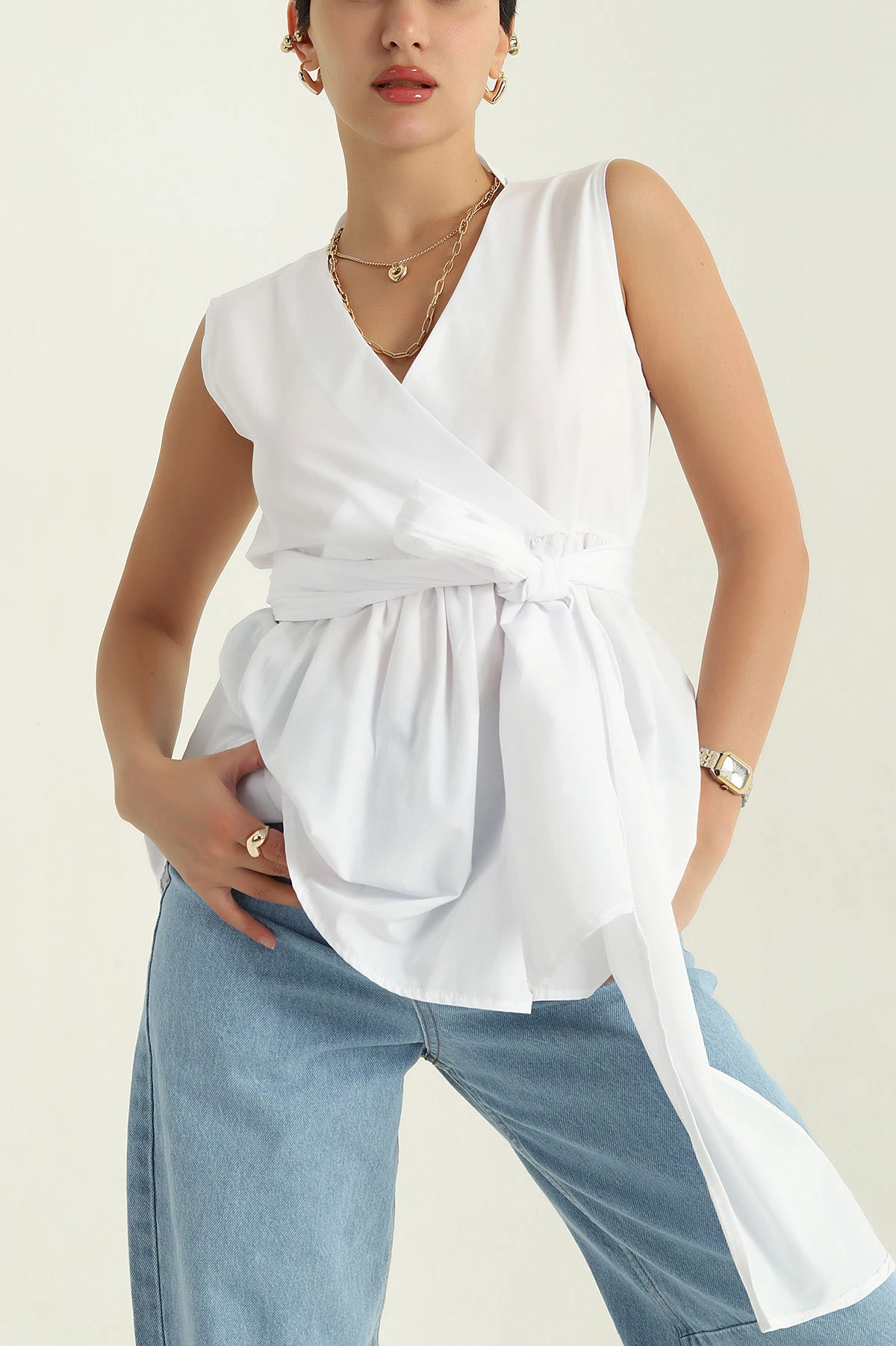 Beyaz Kruvaze Yaka Poplin Bluz 368091