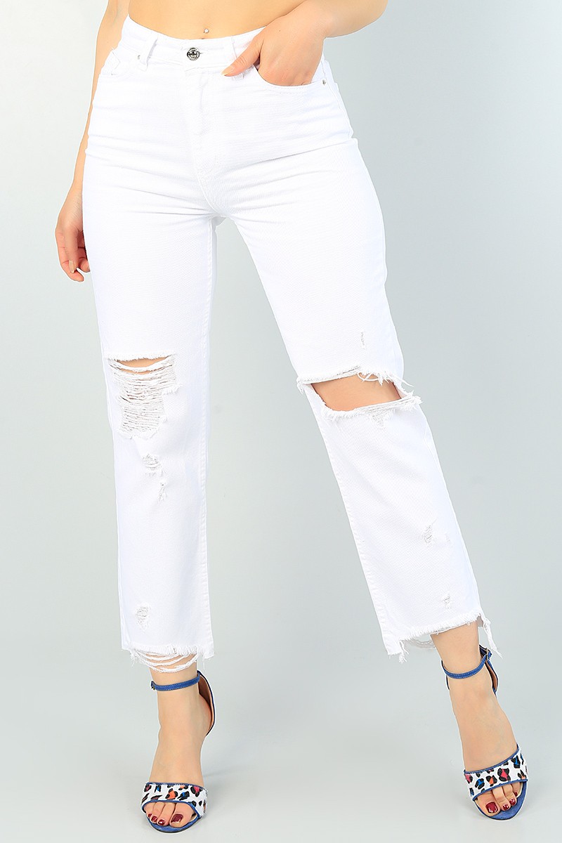 Beyaz Lazer Kesim Bayan Mom Kot Pantolon 68695