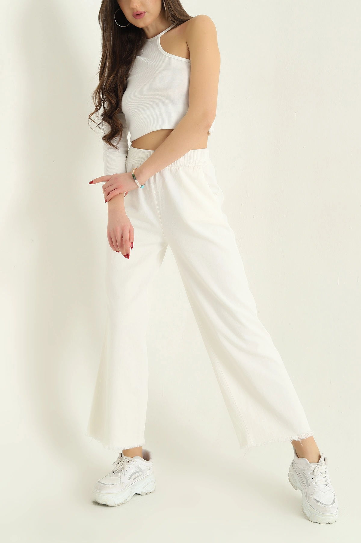 Beyaz Lazer Kesim Bel Lastikli Bayan Gabardin Pantolon 332717