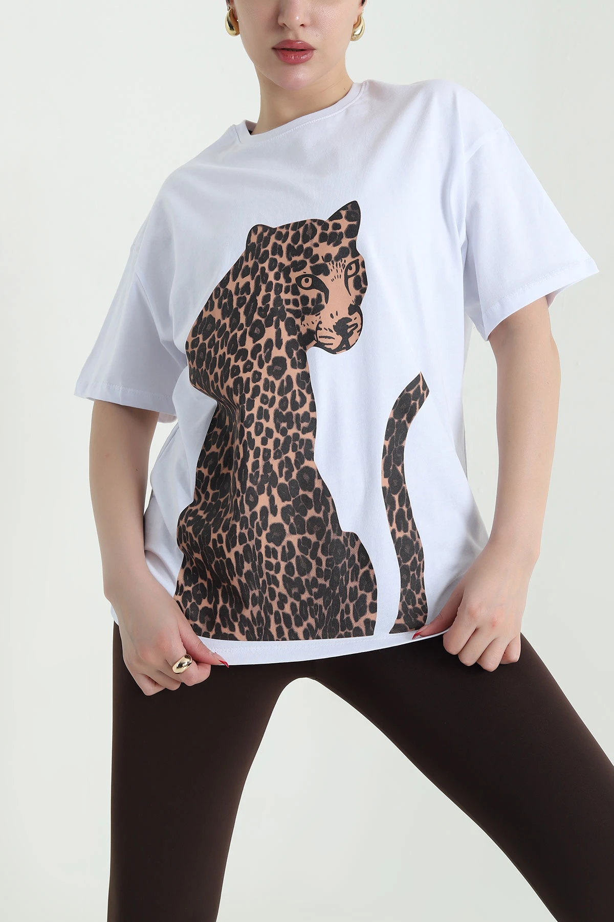 Beyaz Leopar Baskılı Süprem Kadın Tişört 440872