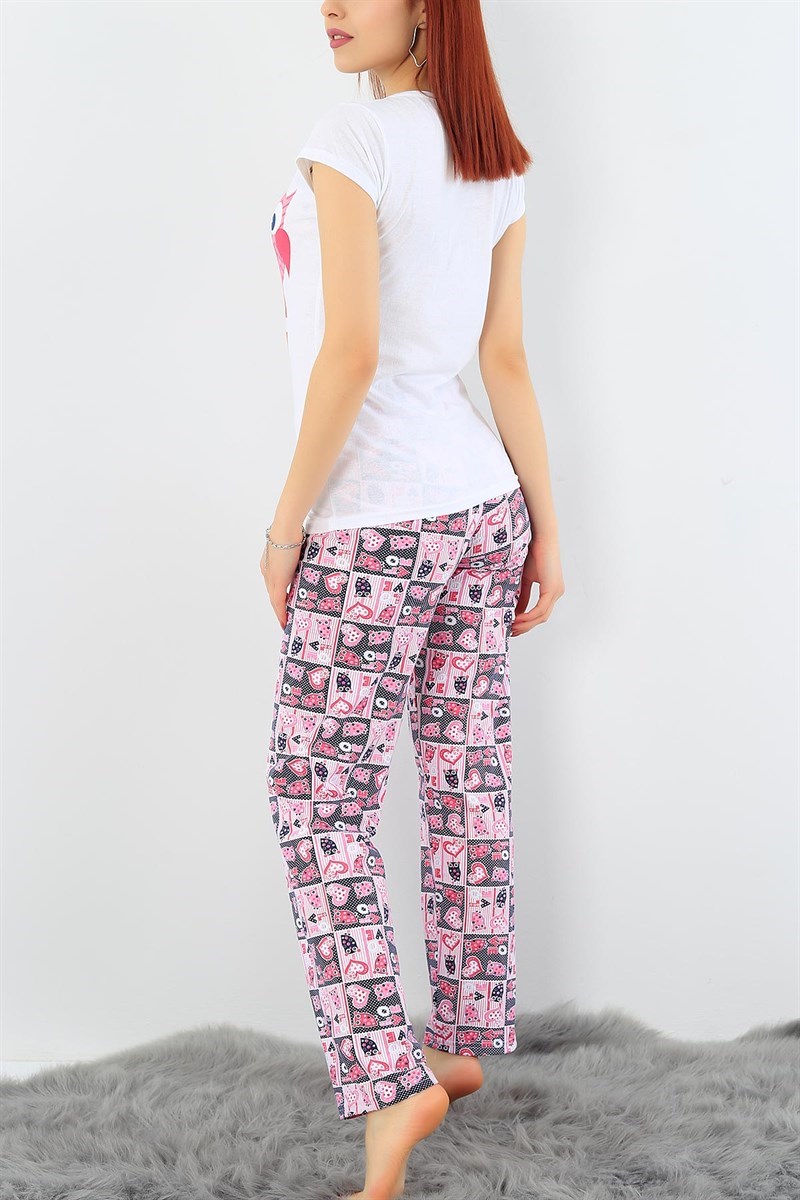 Beyaz Likralı Baskılı Pijama Takımı 32085