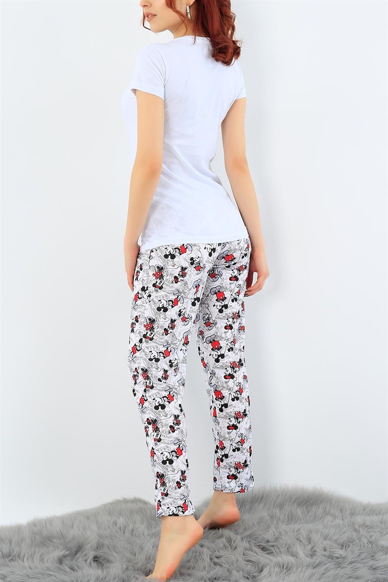 Beyaz Likralı Baskılı Pijama Takımı 32082