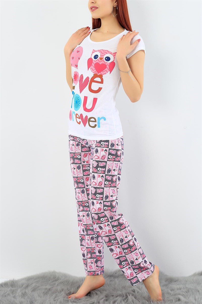Beyaz Likralı Baskılı Pijama Takımı 32085