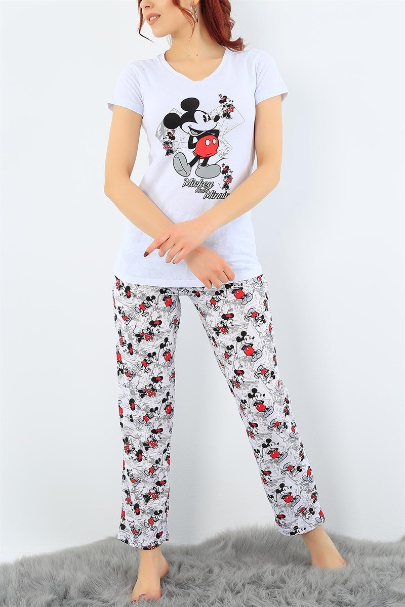 Beyaz Likralı Baskılı Pijama Takımı 32082