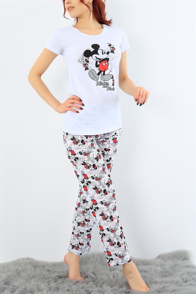 Beyaz Likralı Baskılı Pijama Takımı 32082