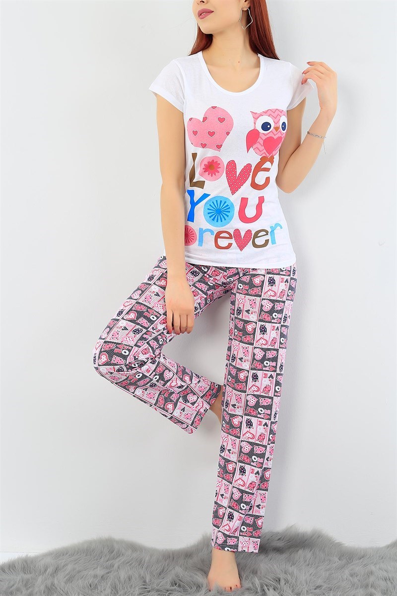 Beyaz Likralı Baskılı Pijama Takımı 32085