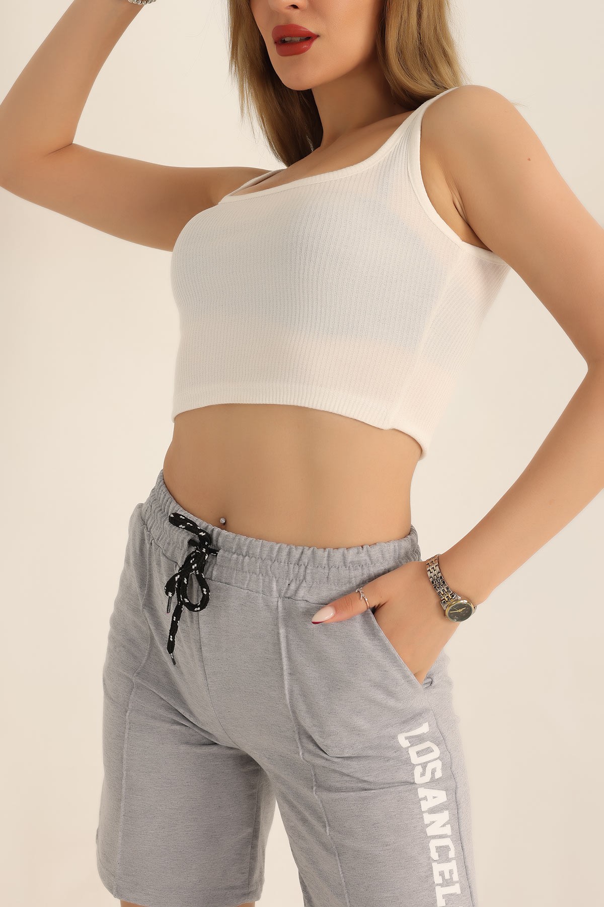 Beyaz Likralı Fitilli Crop Atlet 182496