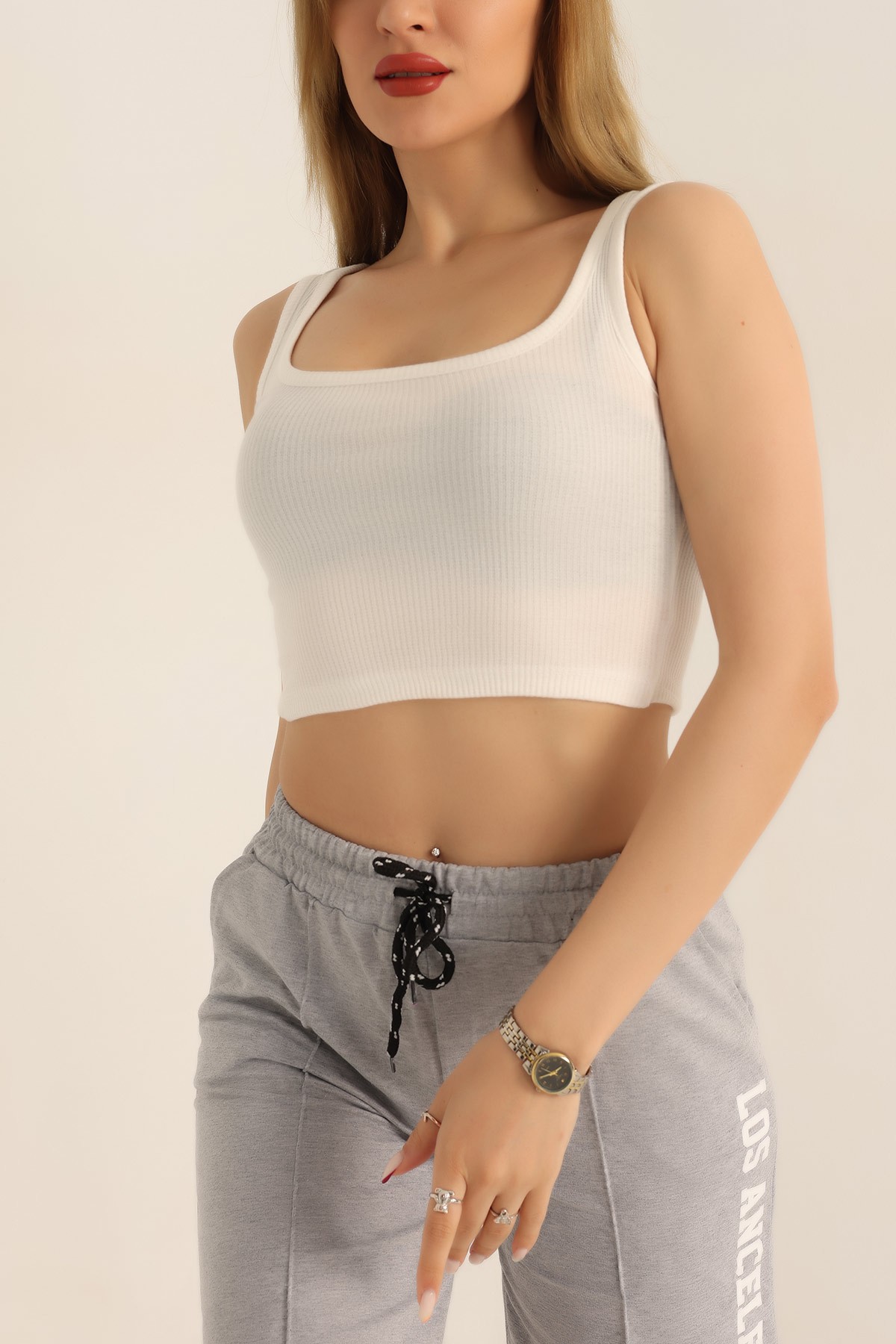 Beyaz Likralı Fitilli Crop Atlet 182496