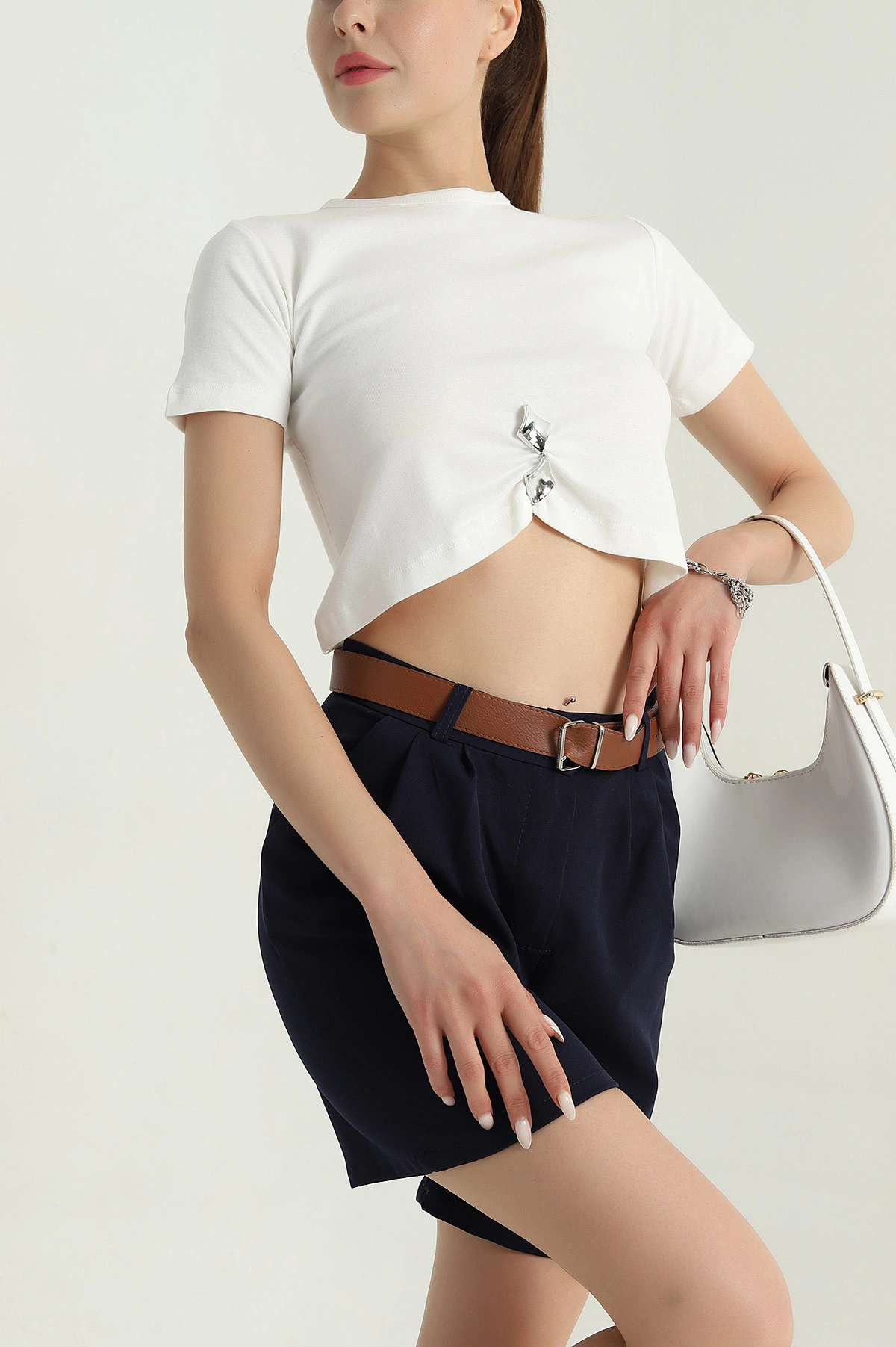 Beyaz Likralı İnterlok Kadın Crop Bluz 378667