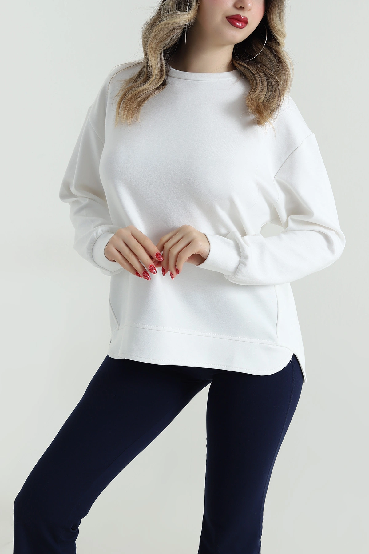 Beyaz Likralı Modal Kadın Sweat 498045