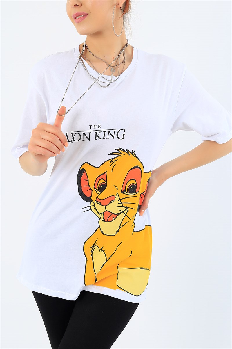 Beyaz Lion King Baskılı Bayan Tişört 32868