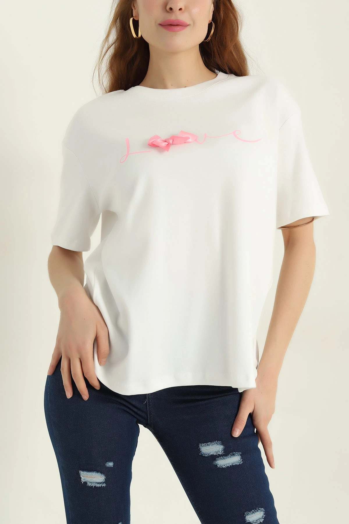 Beyaz Love Baskılı Fiyonklu  Süprem Kadın Tişört 366885