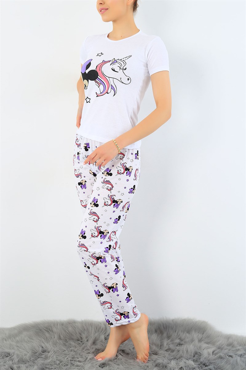 Beyaz Mickey Baskılı Bayan Pijama Takımı 33406