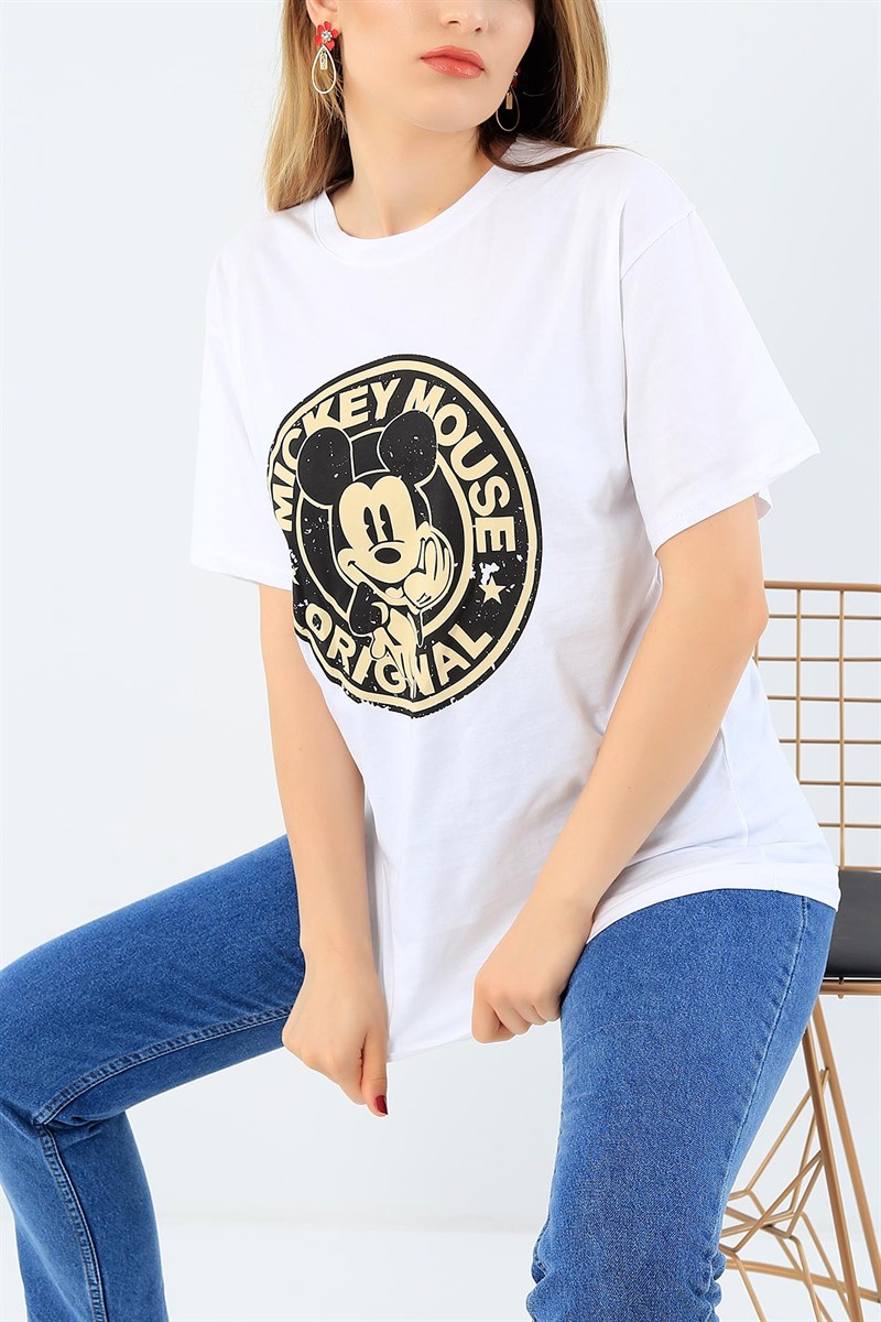 Beyaz Mickey Baskılı Bayan Tişört 35519