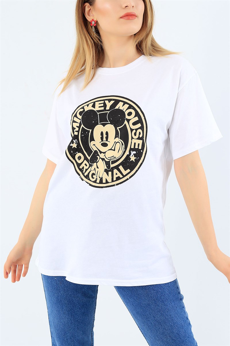 Beyaz Mickey Baskılı Bayan Tişört 35519
