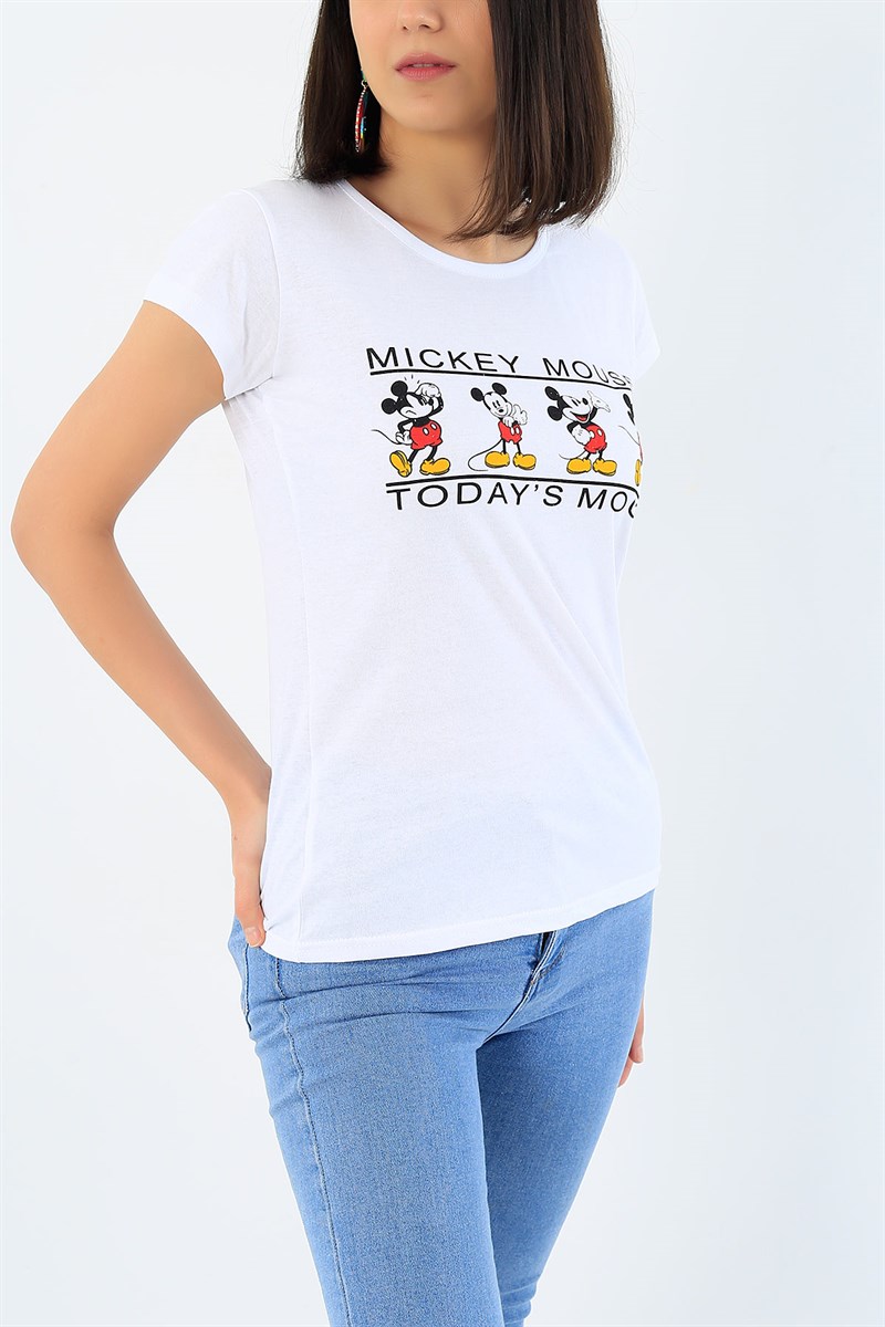 Beyaz Mickey Mouse Baskılı Bayan Tişört 32278
