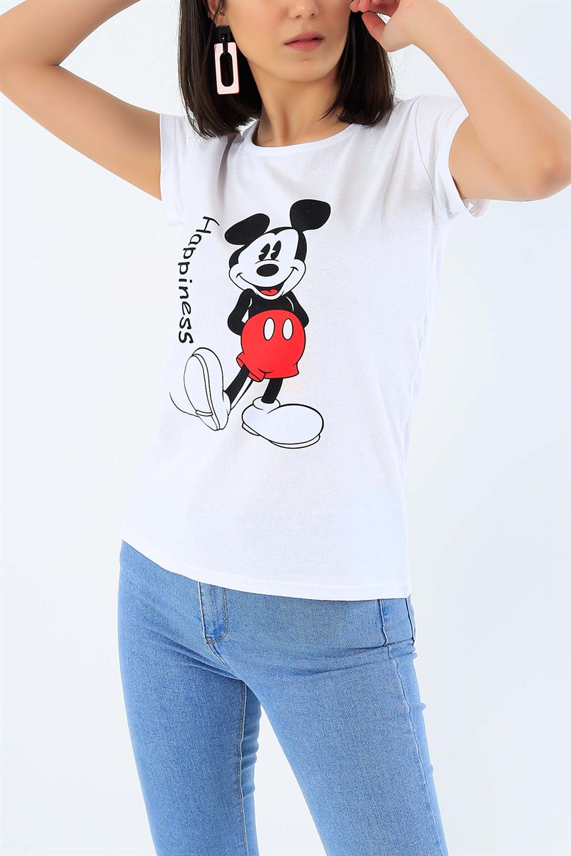 Beyaz Mickey Mouse Baskılı Bayan Tişört 32273