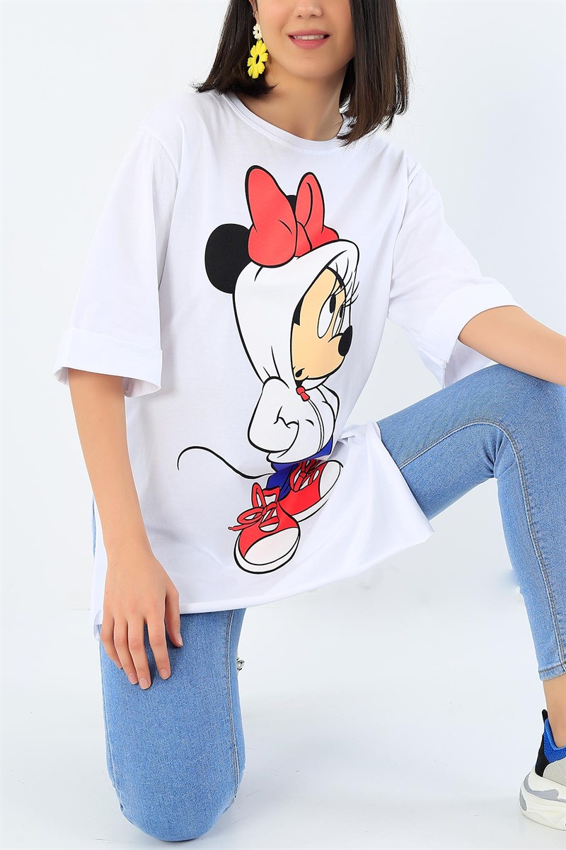Beyaz Minnie Mouse Baskılı Bayan Tişört 32243