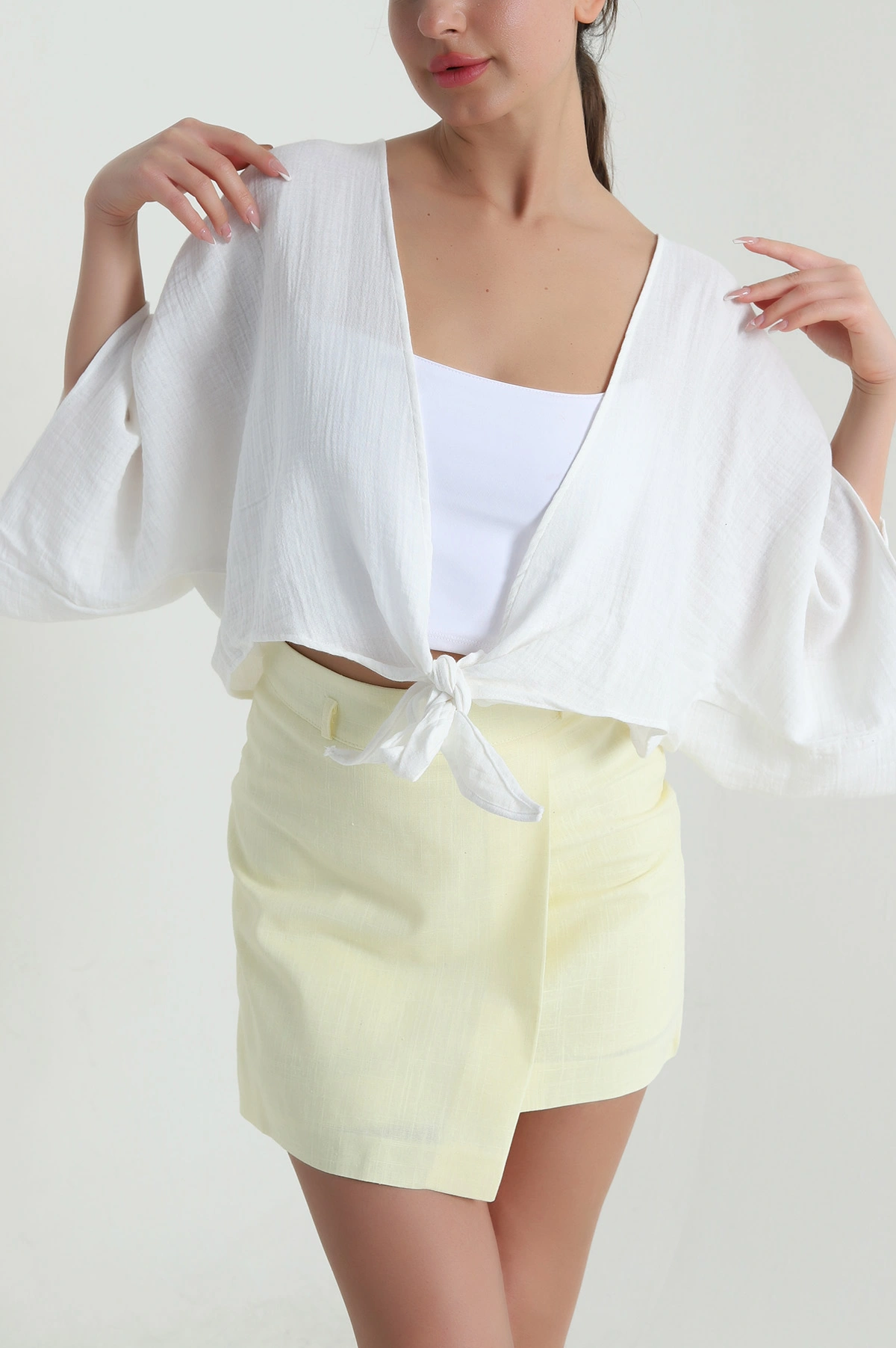 Beyaz Müslin Keten Kadın Kimono Bluz 457344