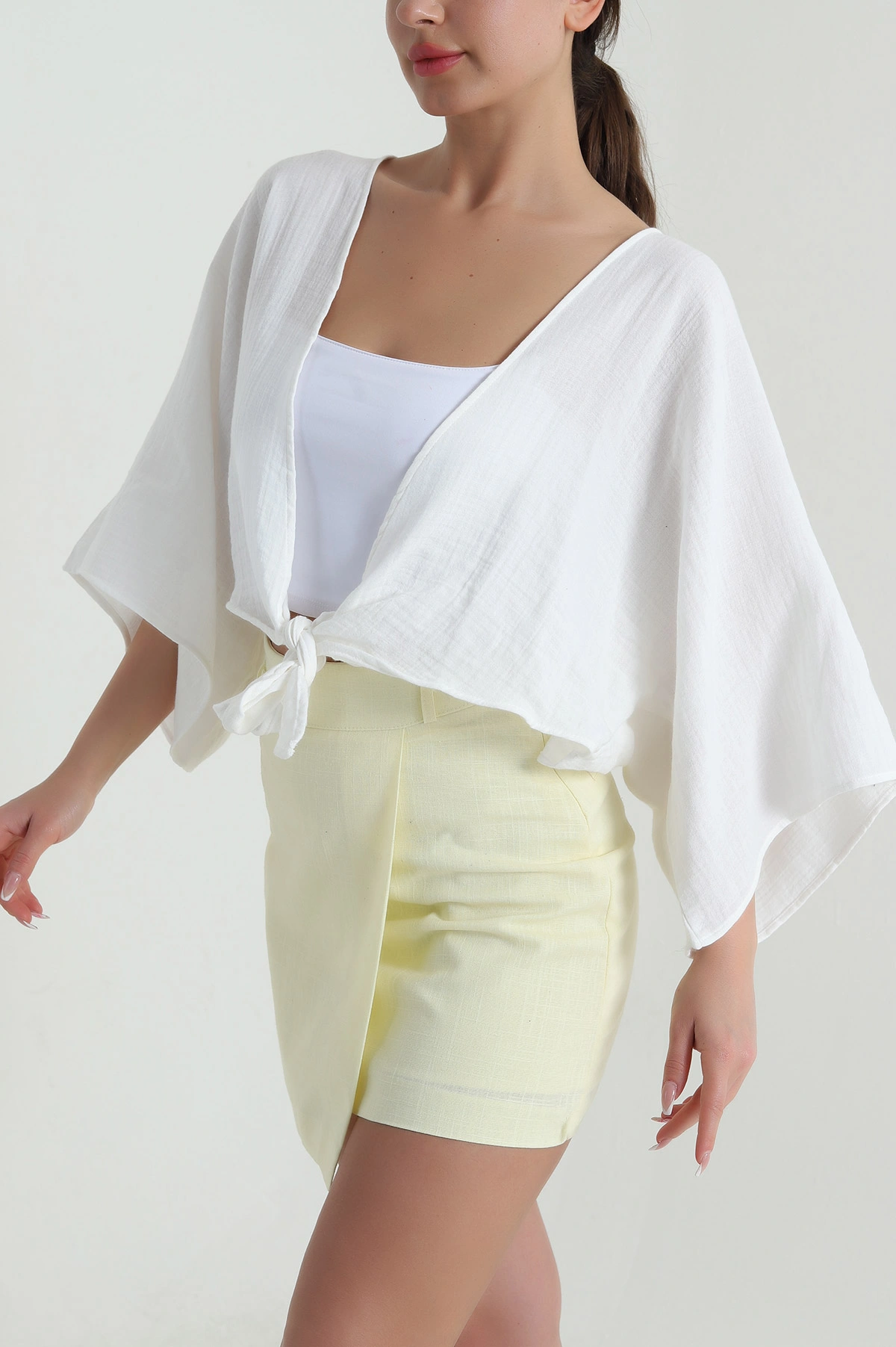 Beyaz Müslin Keten Kadın Kimono Bluz 457344