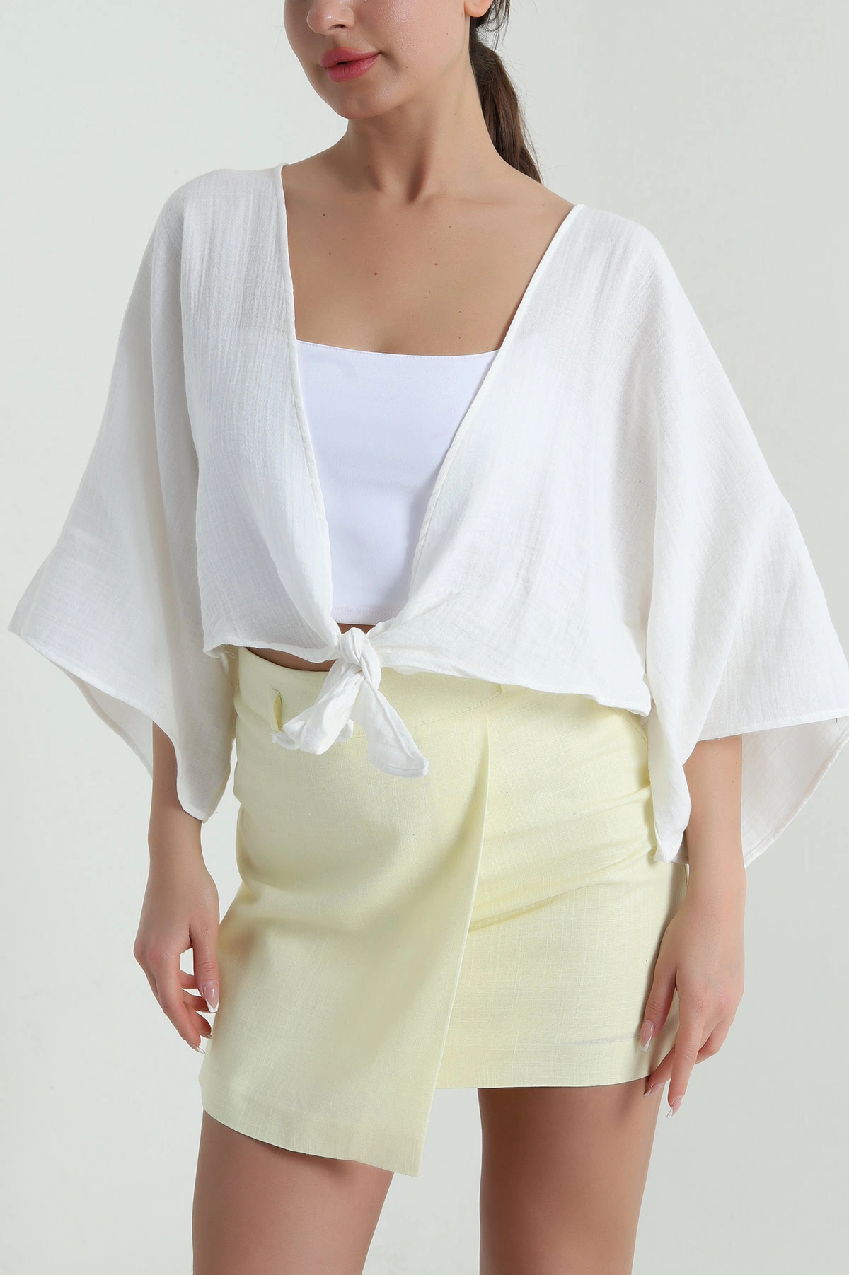 Beyaz Müslin Keten Kadın Kimono Bluz 457344